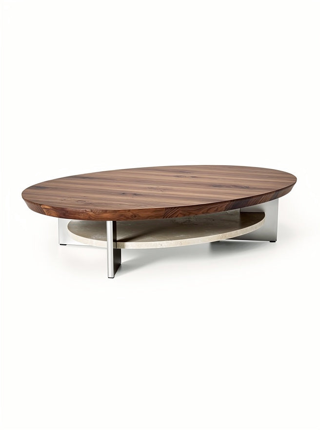 **Technische titel in het Nederlands: Moderne ovale salontafel van hout en staal**