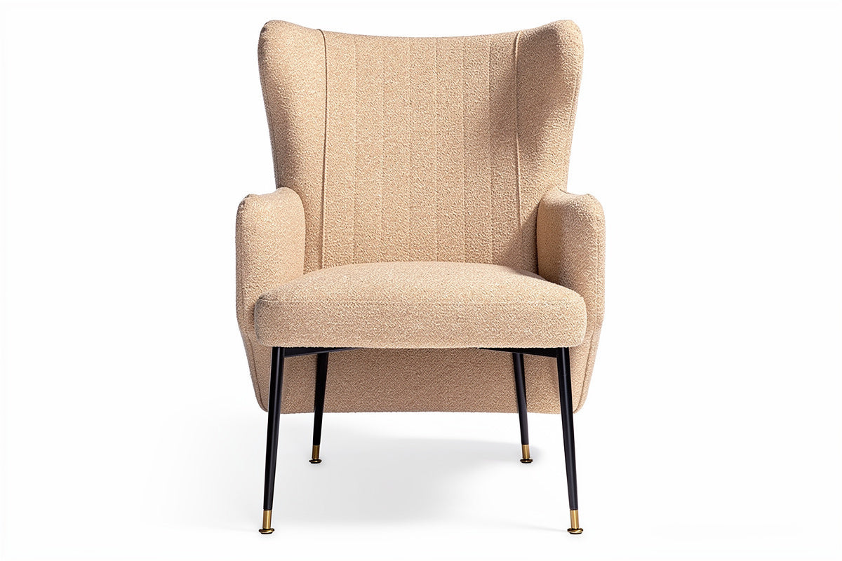 **Nederlandse technische titel: Moderne fauteuil met gebogen rug en metalen poten**