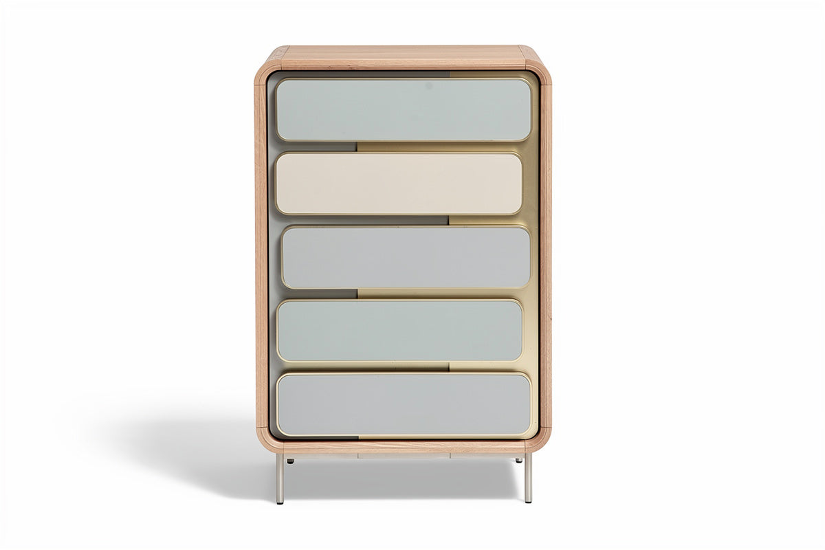 **Modern kast met vijf lades en pastelkleuren**