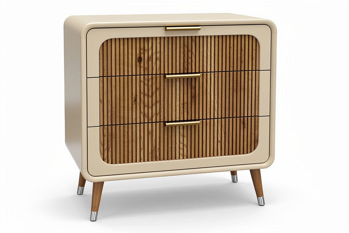 **Moderne nachtkast met houten panelen en ronde hoeken**