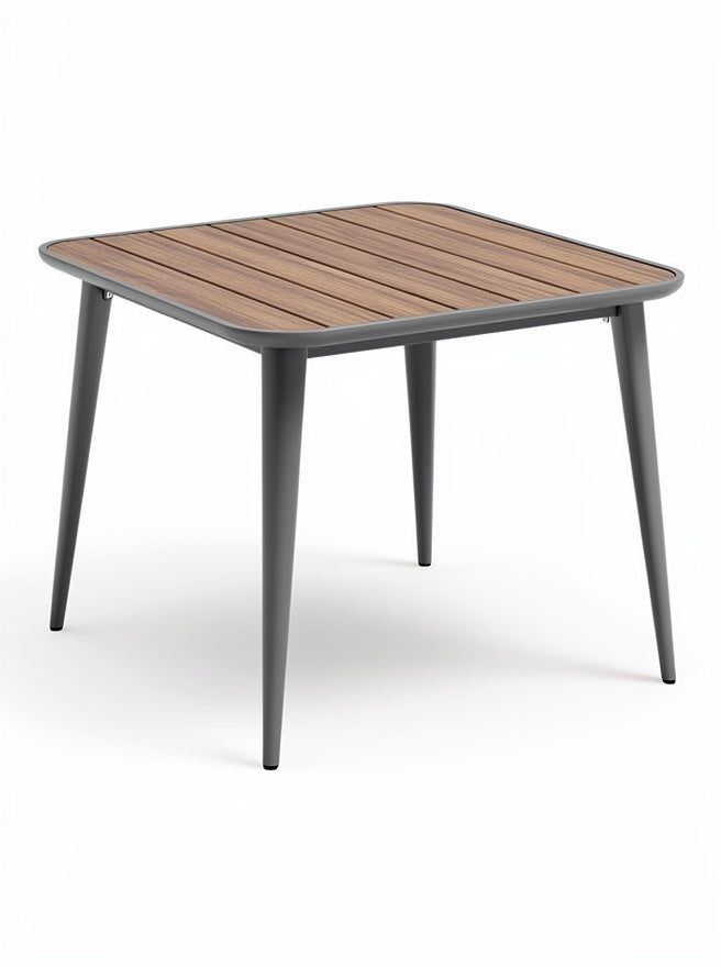 **Technische Titel in het Nederlands: Robuuste vierkante tafel met houten blad en metalen poten**